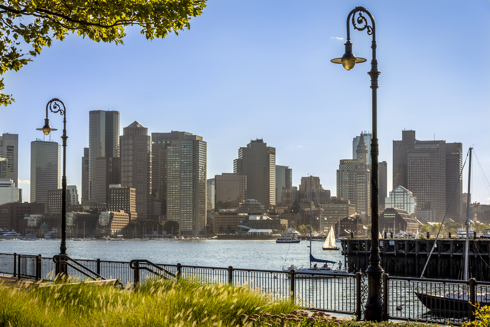 The Boston skyline as seen from Piers Park in Chelsea, MA